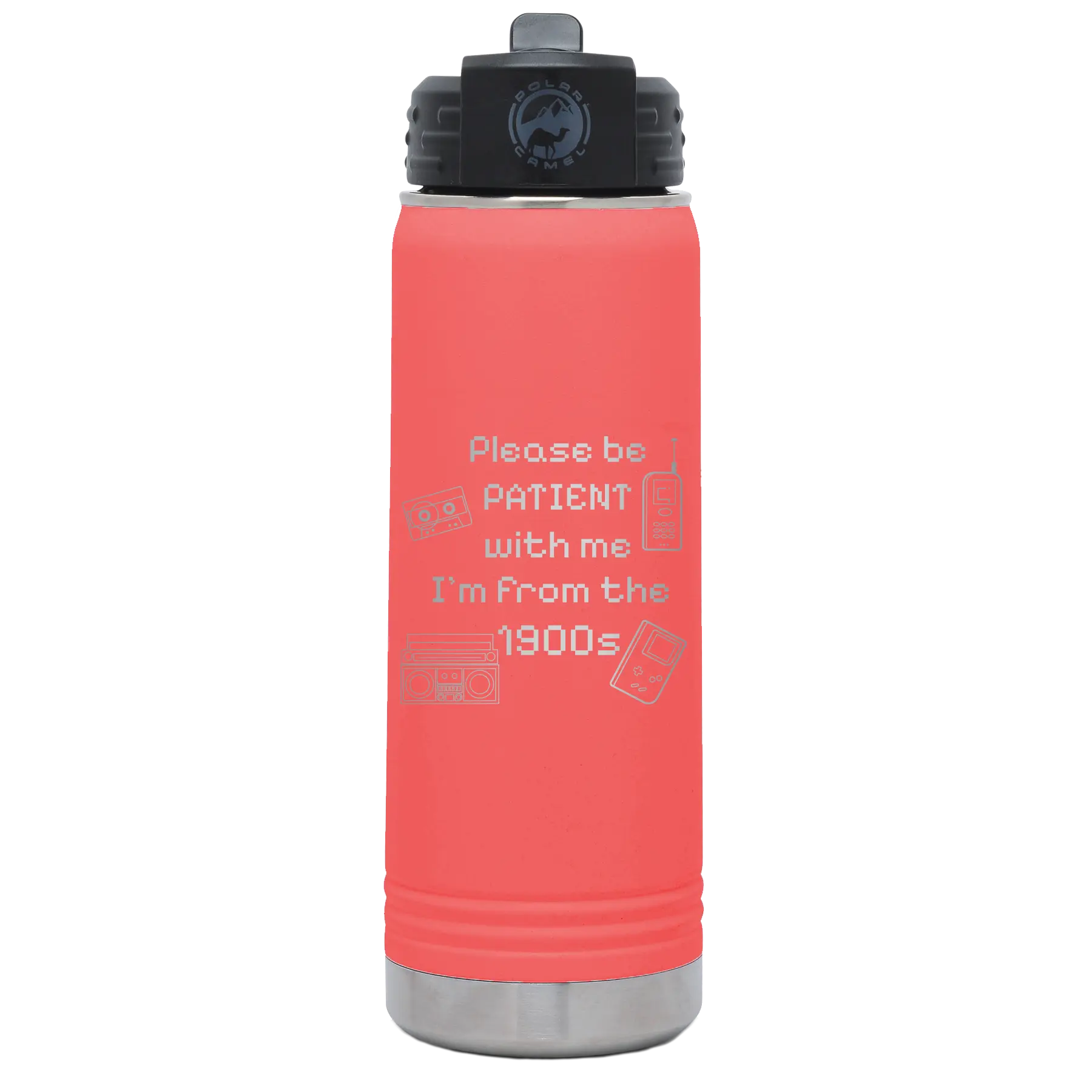 Laser etched coral 20 oz vacuum insulated water bottle with '1900s' design