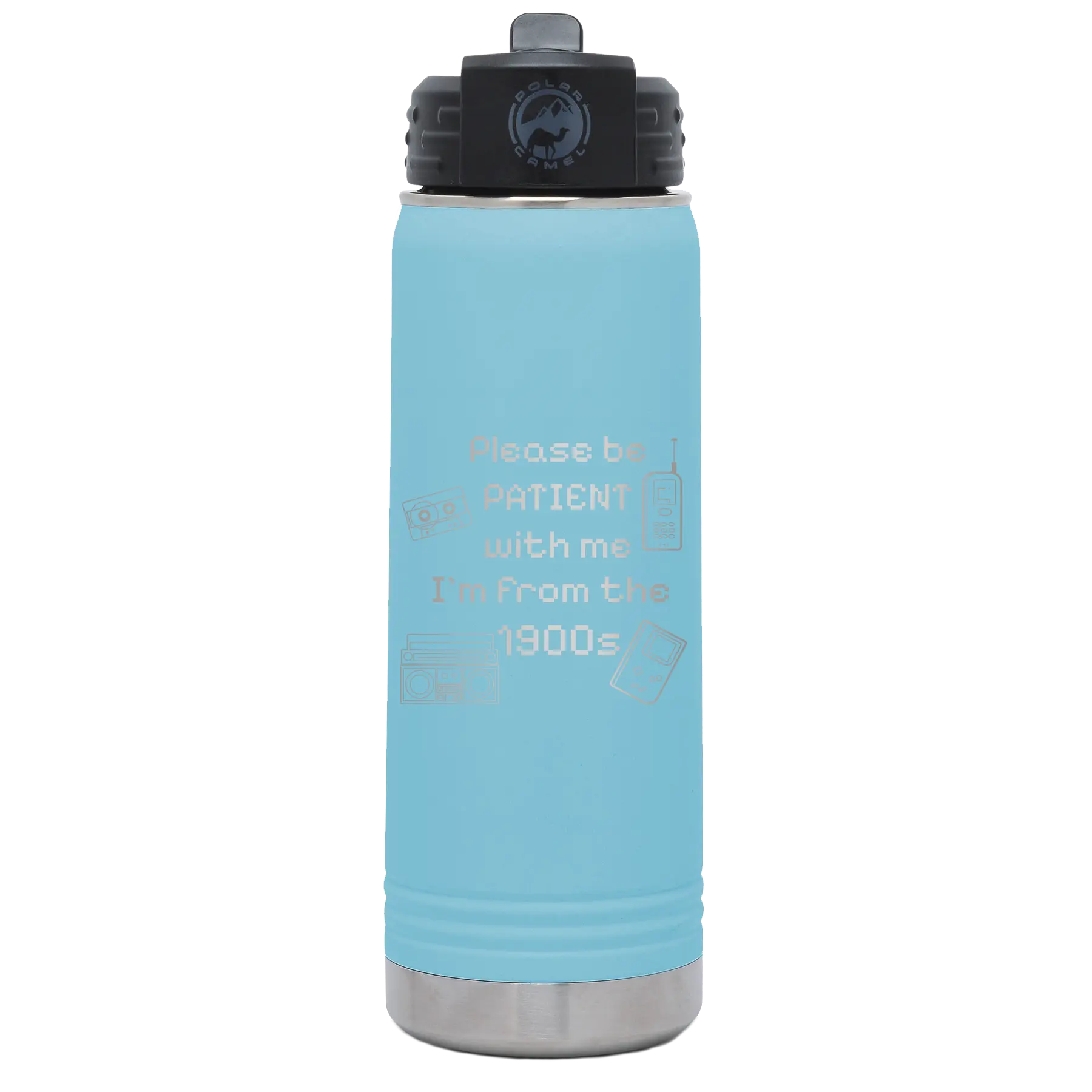 Laser etched light blue 20 oz vacuum insulated water bottle with '1900s' design