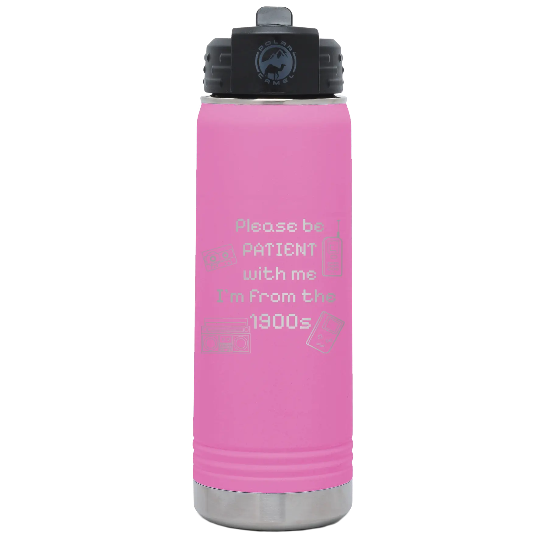 Laser etched light purple 20 oz vacuum insulated water bottle with '1900s' design