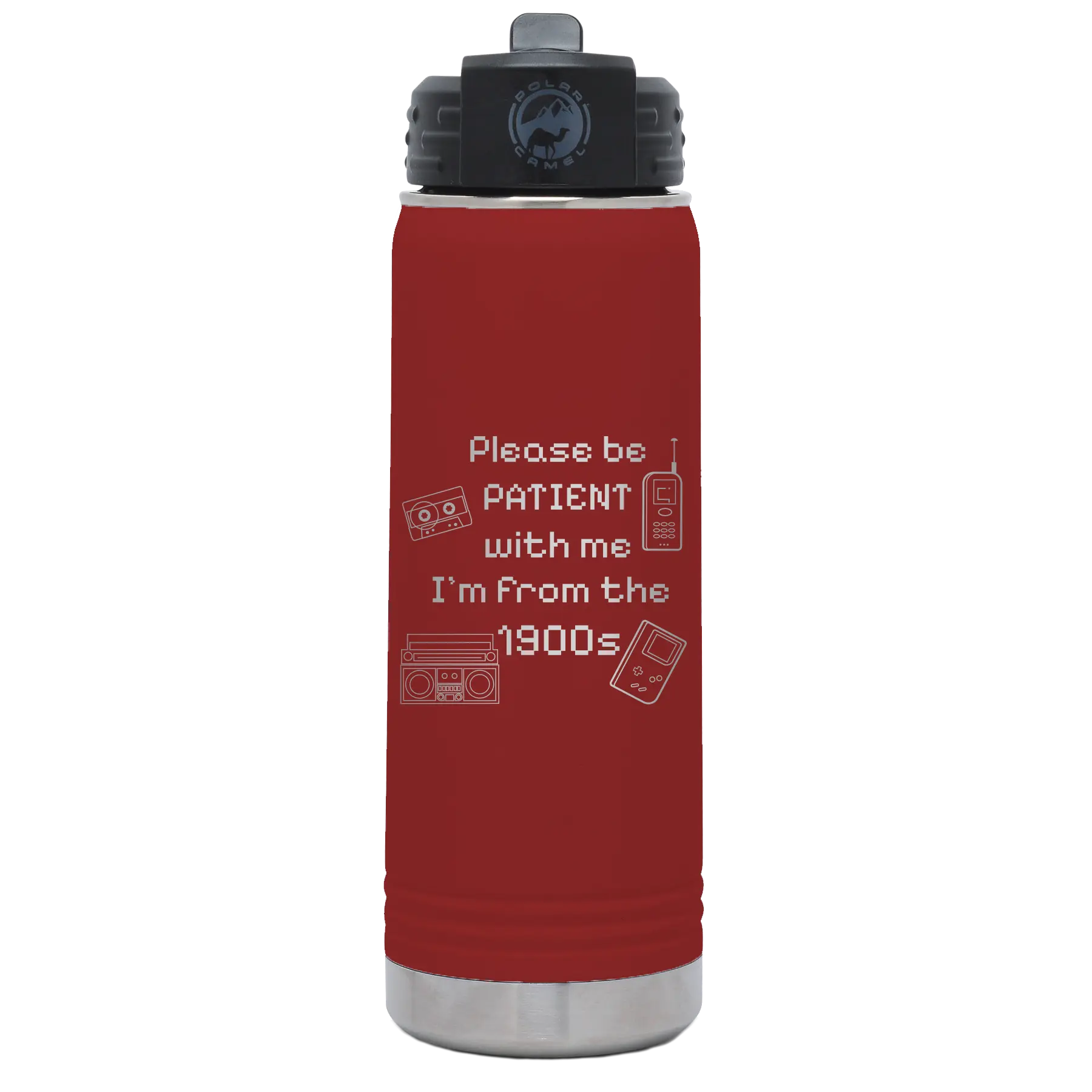 Laser etched maroon 20 oz vacuum insulated water bottle with '1900s' design