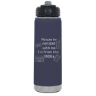 Laser etched navy 20 oz vacuum insulated water bottle with '1900s' design