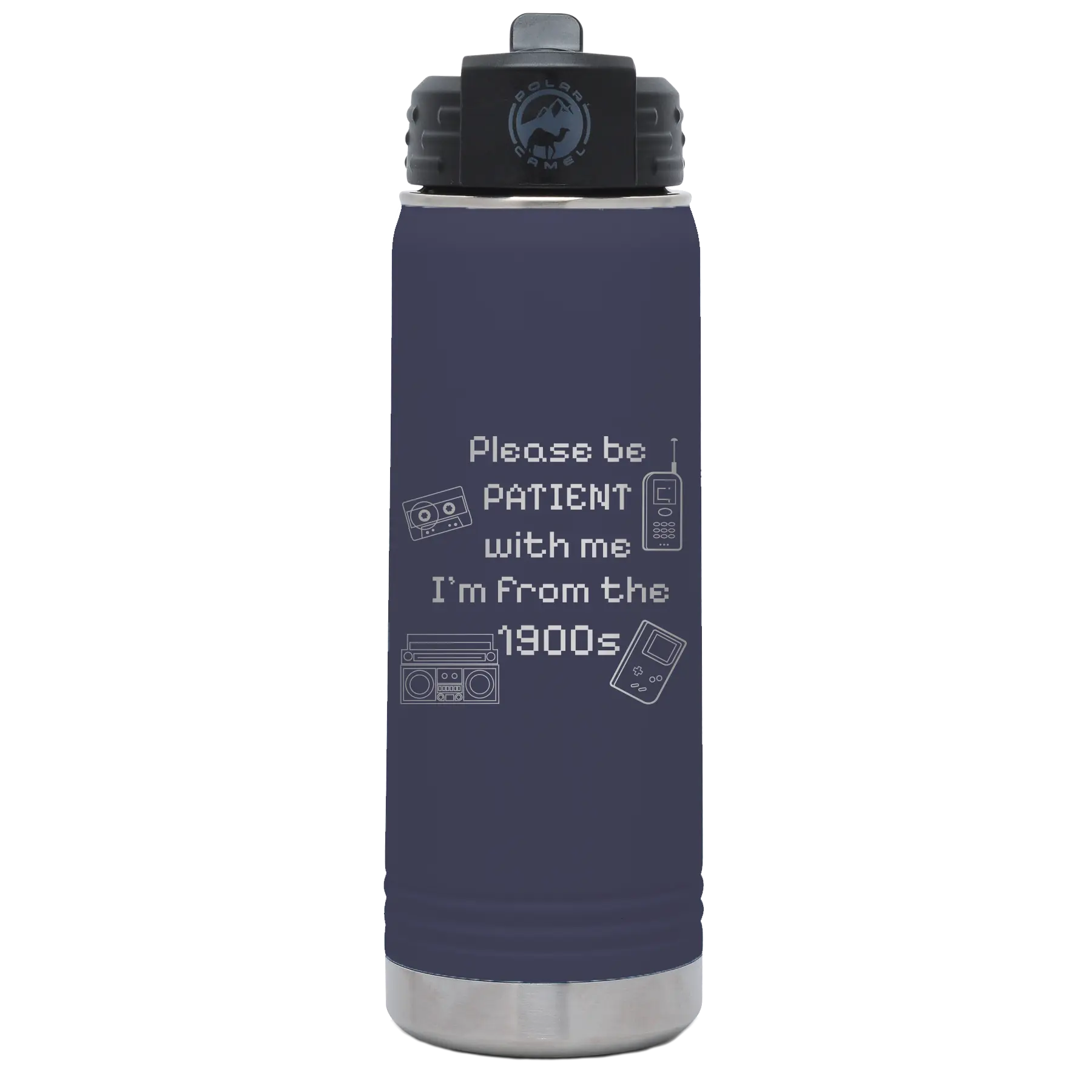 Laser etched navy 20 oz vacuum insulated water bottle with '1900s' design