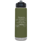 Laser etched olive green 20 oz vacuum insulated water bottle with '1900s' design