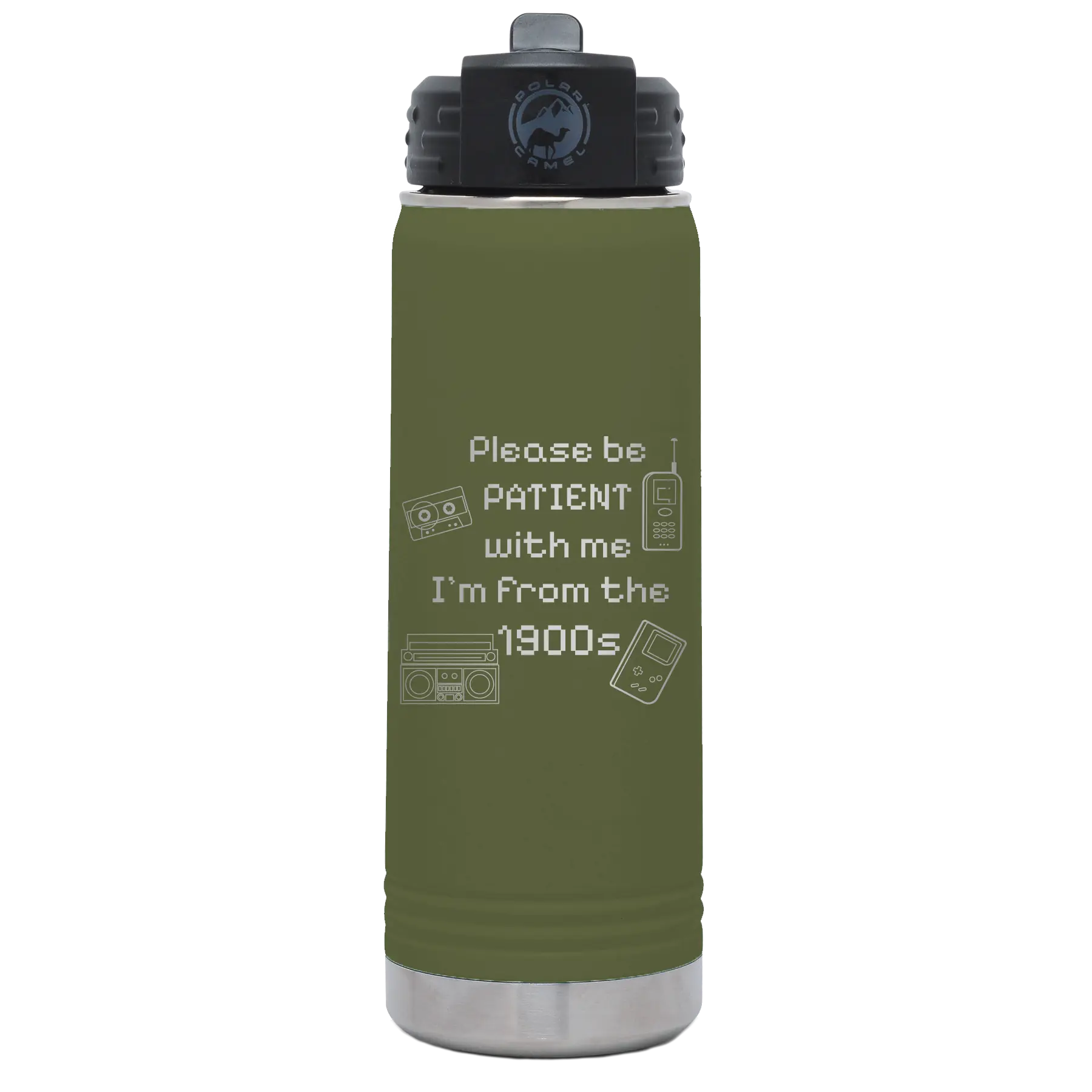 Laser etched olive green 20 oz vacuum insulated water bottle with '1900s' design