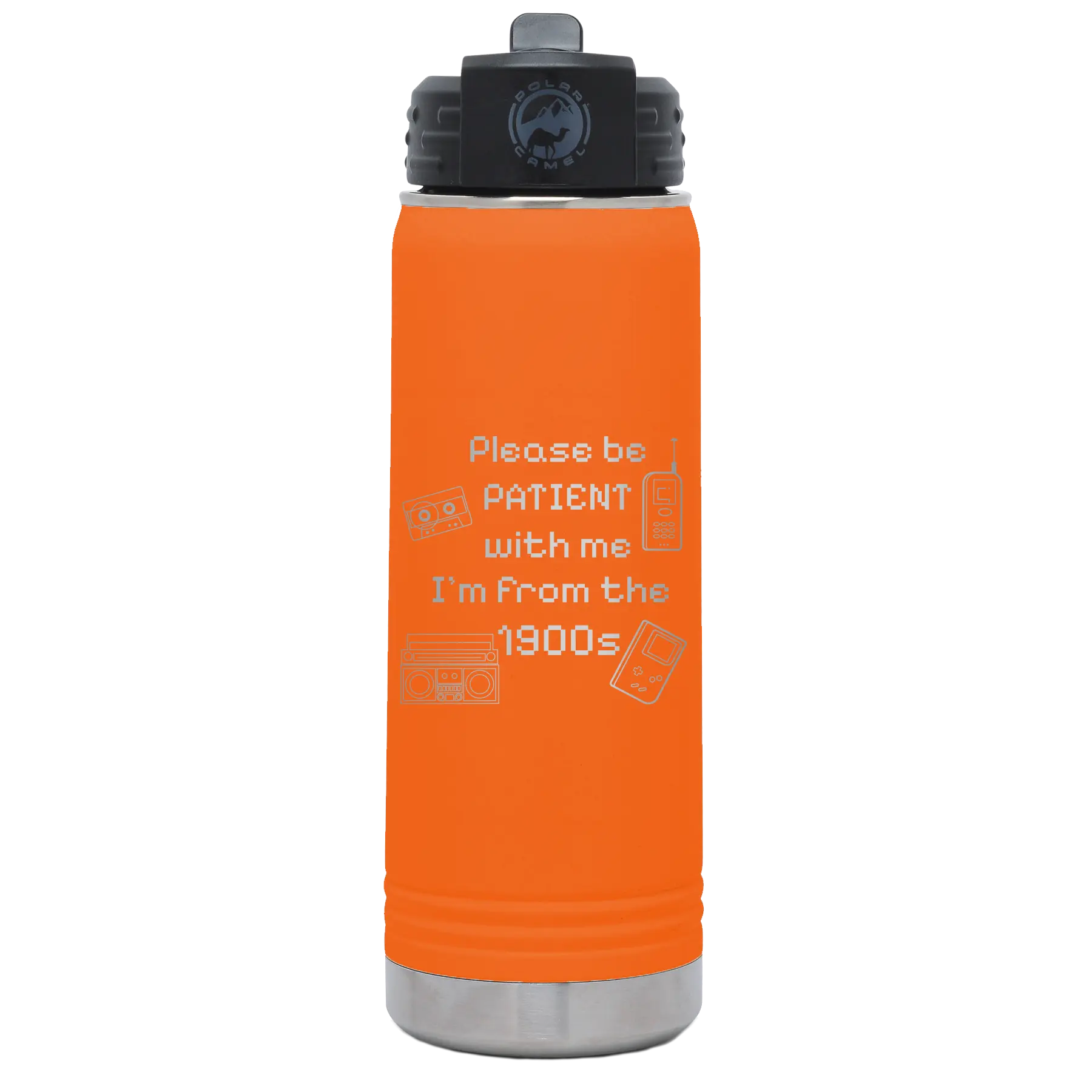 Laser etched orange 20 oz vacuum insulated water bottle with '1900s' design