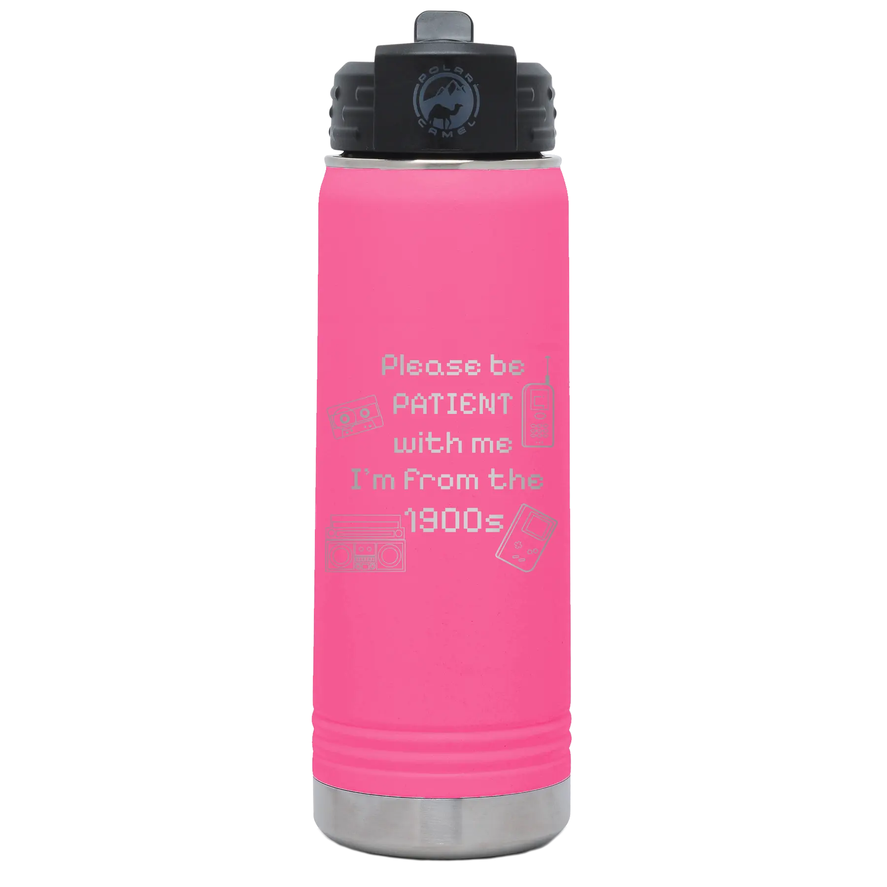 Laser etched pink 20 oz vacuum insulated water bottle with '1900s' design