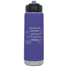 Laser etched purple 20 oz vacuum insulated water bottle with '1900s' design