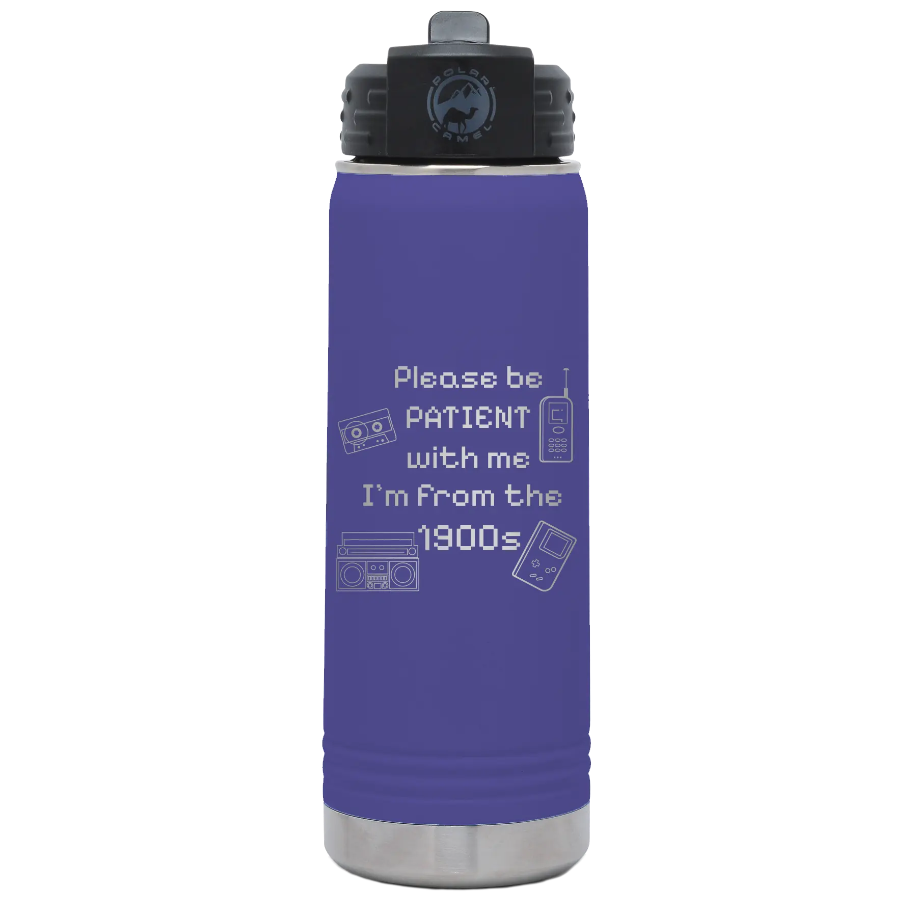 Laser etched purple 20 oz vacuum insulated water bottle with '1900s' design