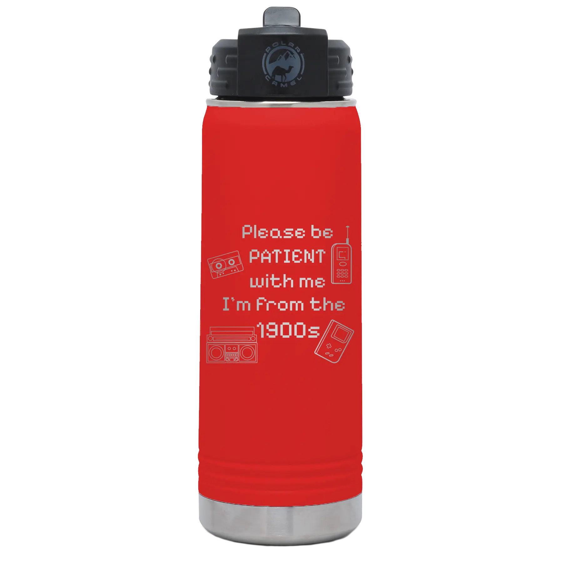 Laser etched red 20 oz vacuum insulated water bottle with '1900s' design