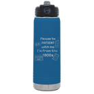 Laser etched royal blue 20 oz vacuum insulated water bottle with '1900s' design