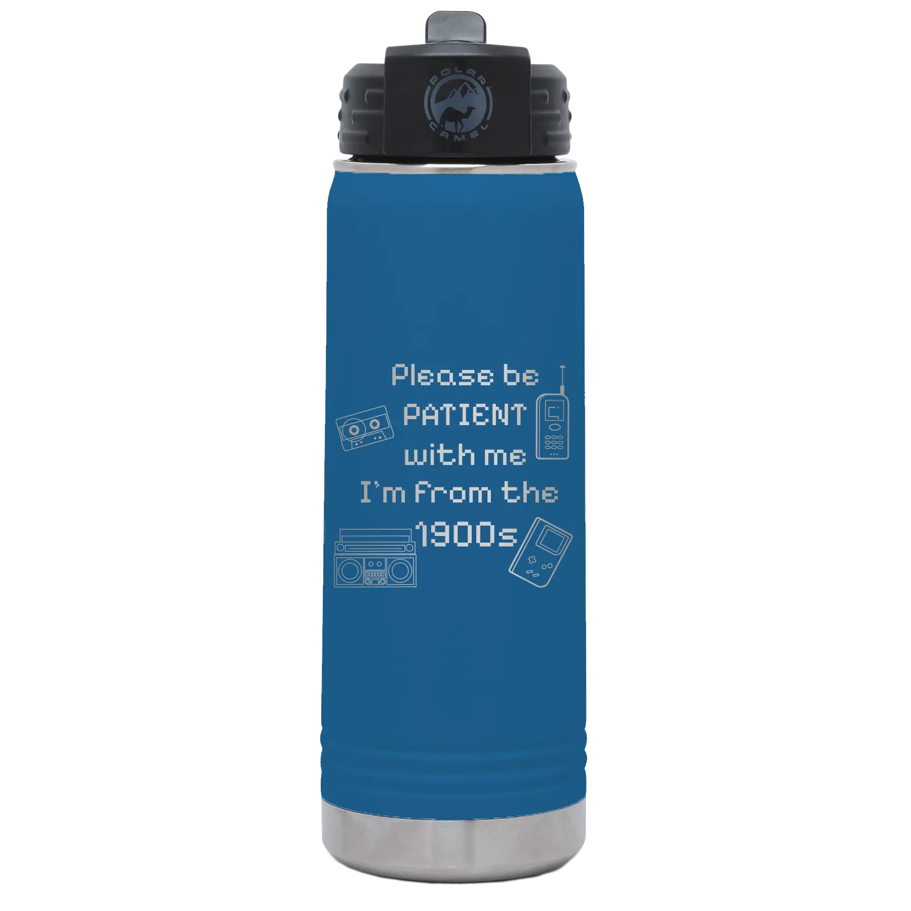Laser etched royal blue 20 oz vacuum insulated water bottle with '1900s' design