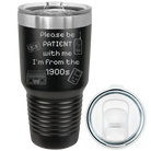 Laser etched black 30 oz vacuum insulated tumbler with '1900s' design