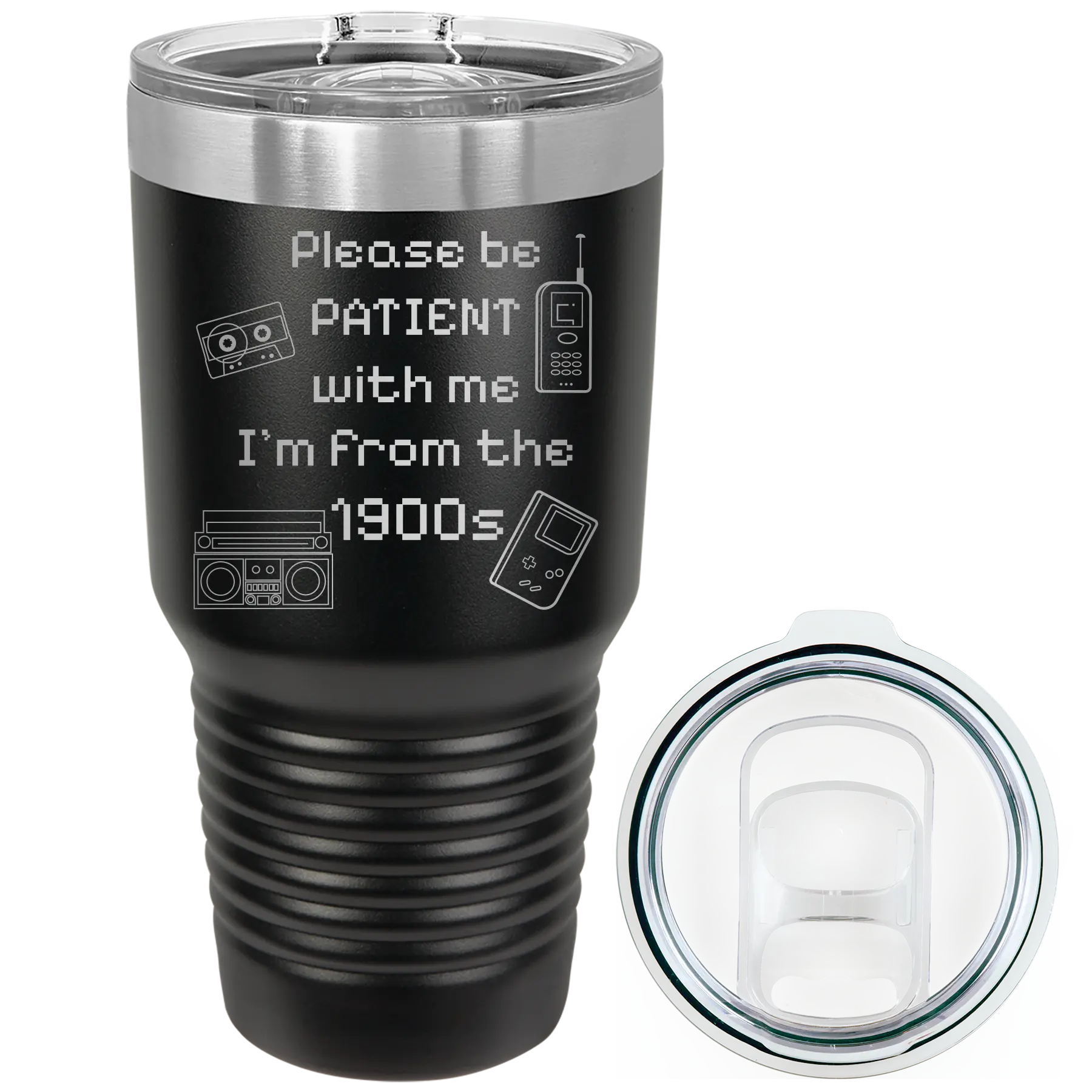Laser etched black 30 oz vacuum insulated tumbler with '1900s' design