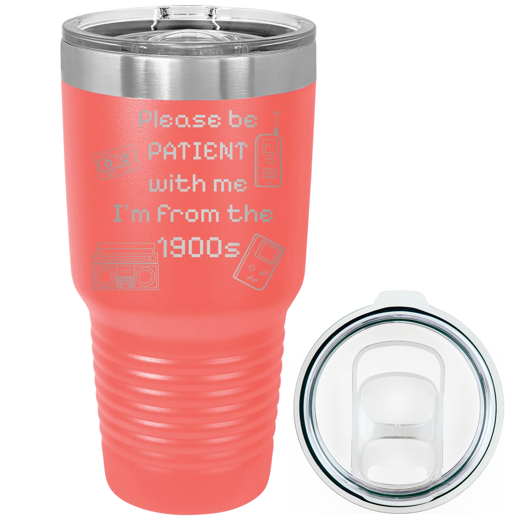 Laser etched coral 30 oz vacuum insulated tumbler with '1900s' design