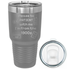 Laser etched dark gray 30 oz vacuum insulated tumbler with '1900s' design