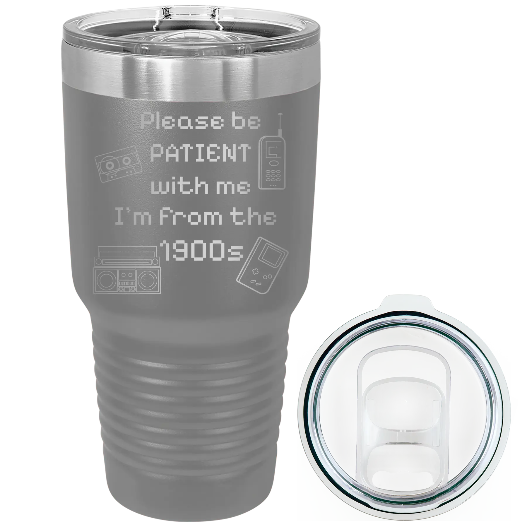 Laser etched dark gray 30 oz vacuum insulated tumbler with '1900s' design