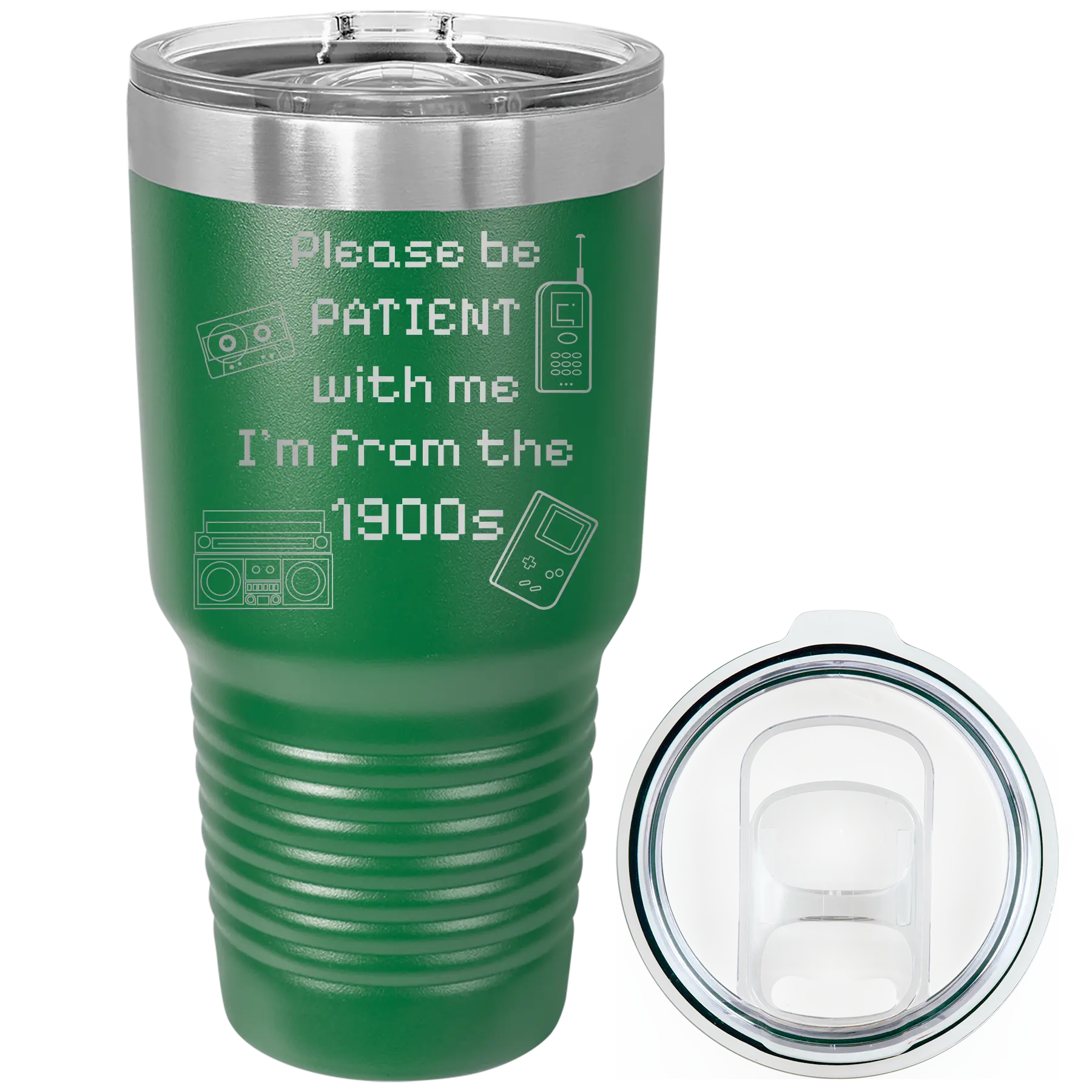 Laser etched green 30 oz vacuum insulated tumbler with '1900s' design