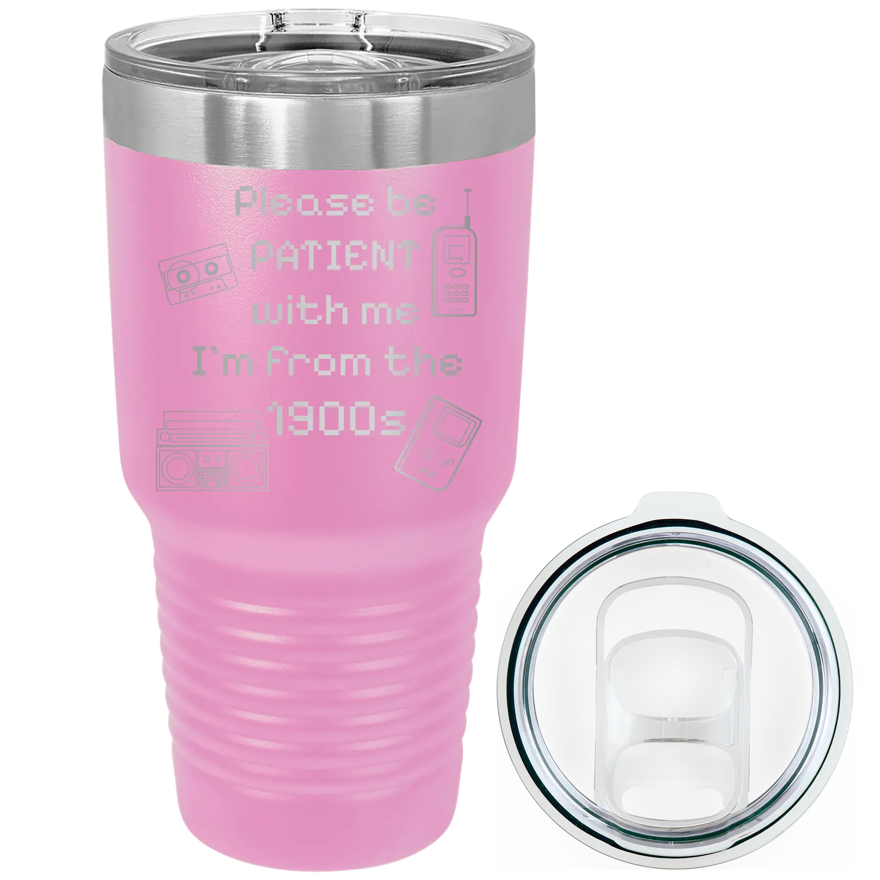 Laser etched light purple 30 oz vacuum insulated tumbler with '1900s' design