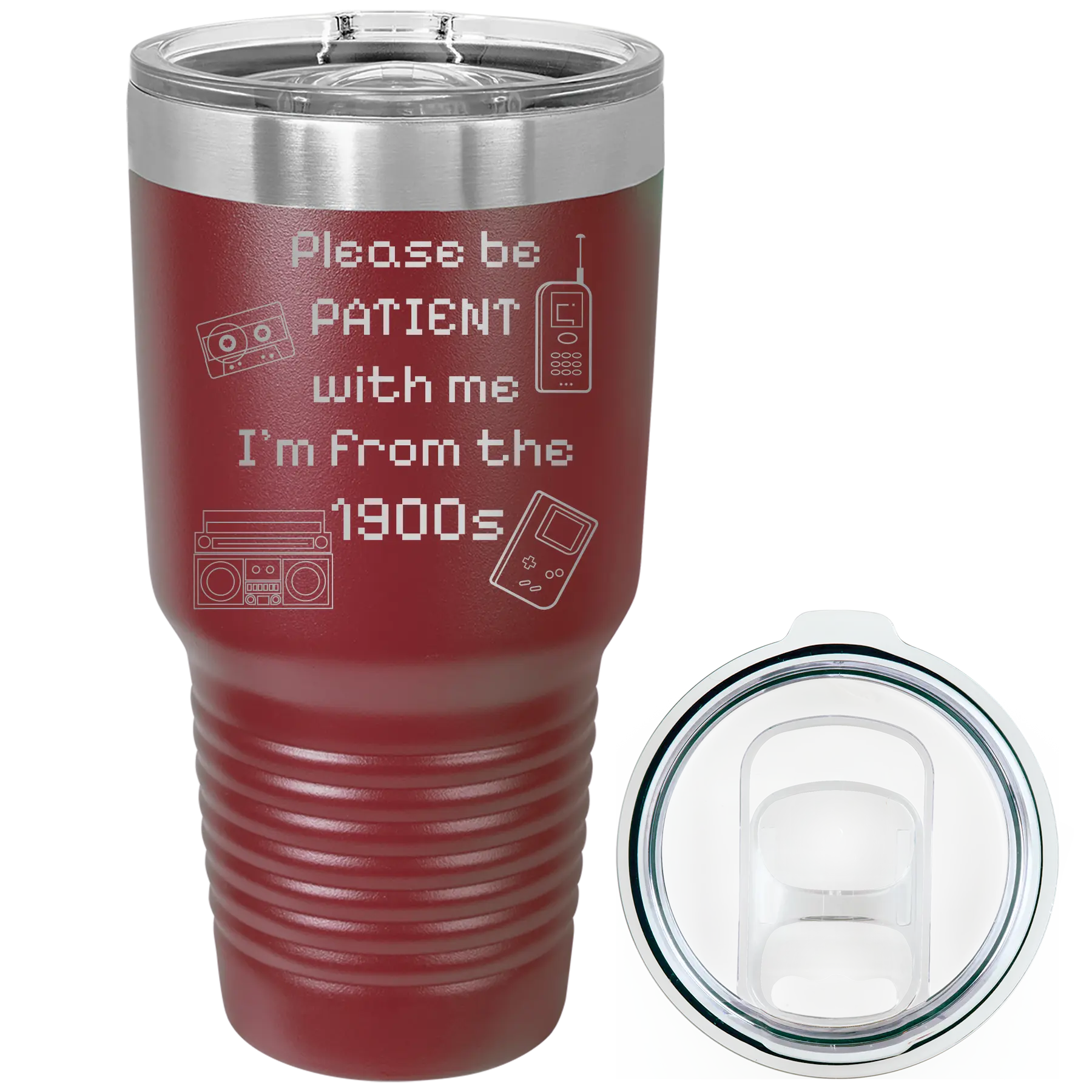 Laser etched maroon 30 oz vacuum insulated tumbler with '1900s' design