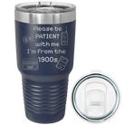 Laser etched navy 30 oz vacuum insulated tumbler with '1900s' design