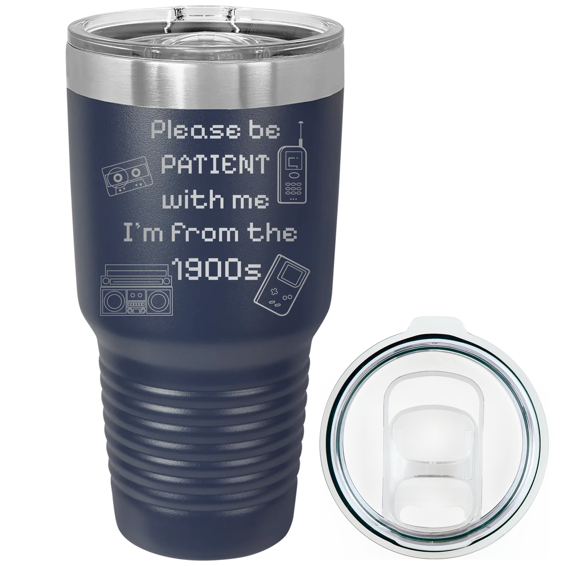 Laser etched navy 30 oz vacuum insulated tumbler with '1900s' design