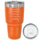 Laser etched orange 30 oz vacuum insulated tumbler with '1900s' design