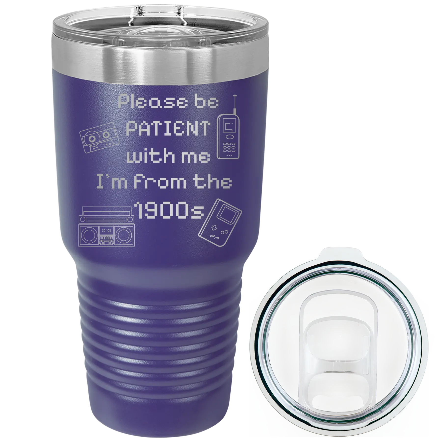 Laser etched purple 30 oz vacuum insulated tumbler with '1900s' design