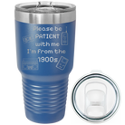 Laser etched royal blue 30 oz vacuum insulated tumbler with '1900s' design