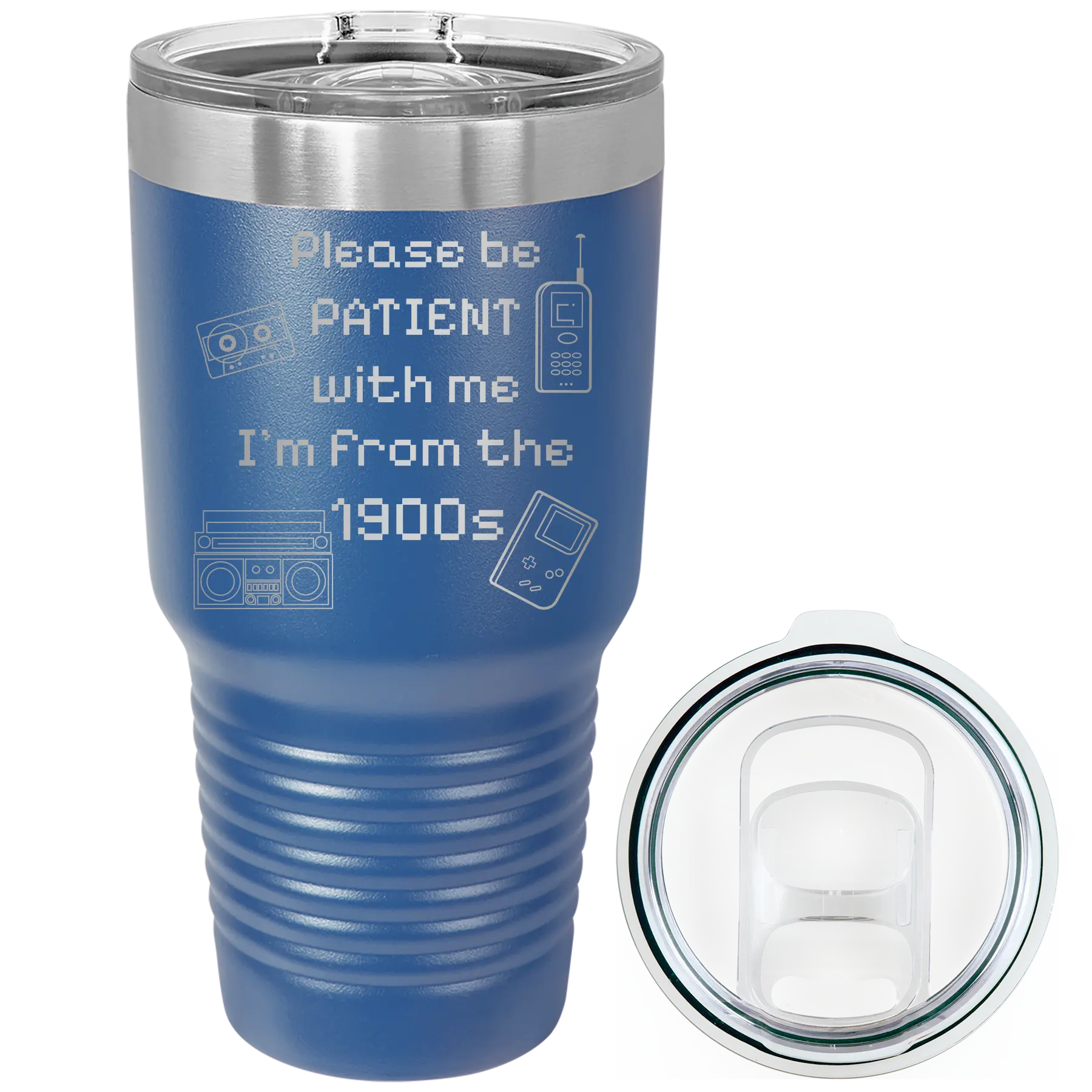 Laser etched royal blue 30 oz vacuum insulated tumbler with '1900s' design