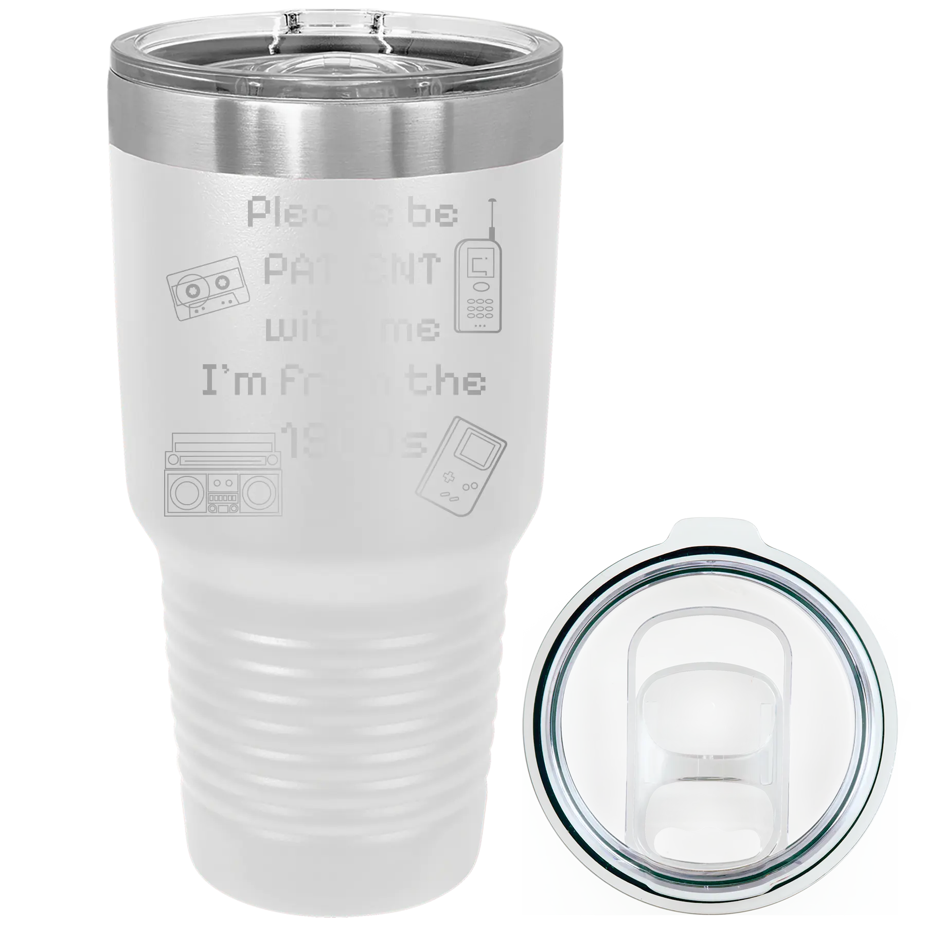 Laser etched white 30 oz vacuum insulated tumbler with '1900s' design