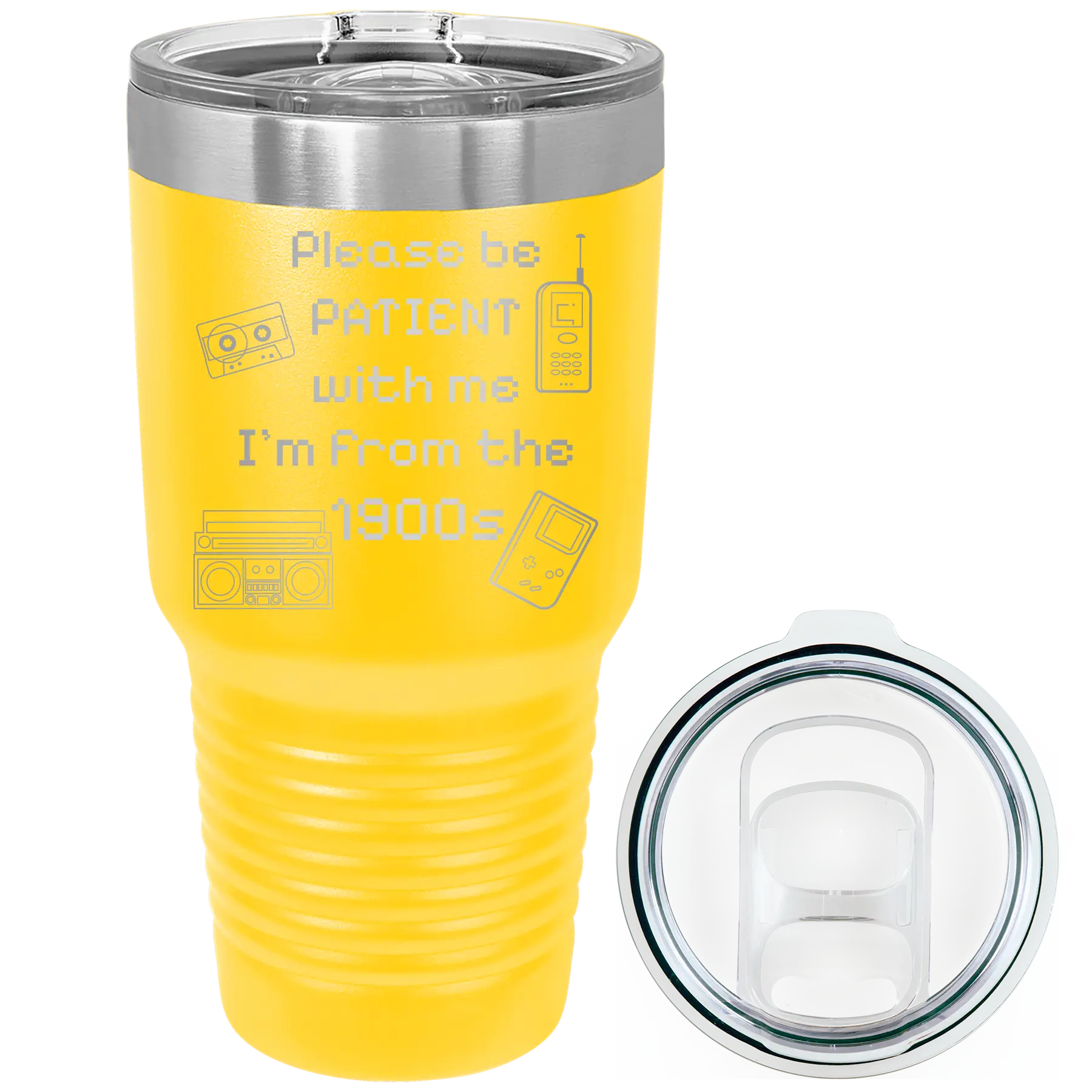 Laser etched yellow 30 oz vacuum insulated tumbler with '1900s' design