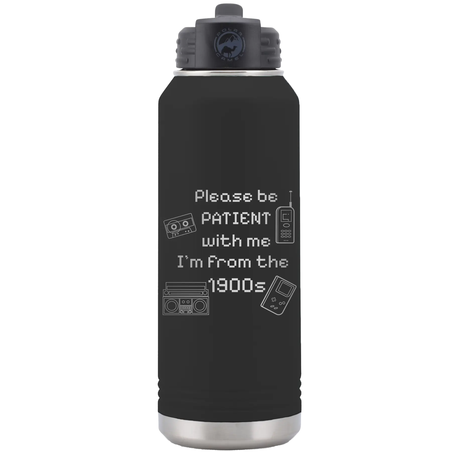 Laser etched black 32 oz vacuum insulated water bottle with '1900s' design
