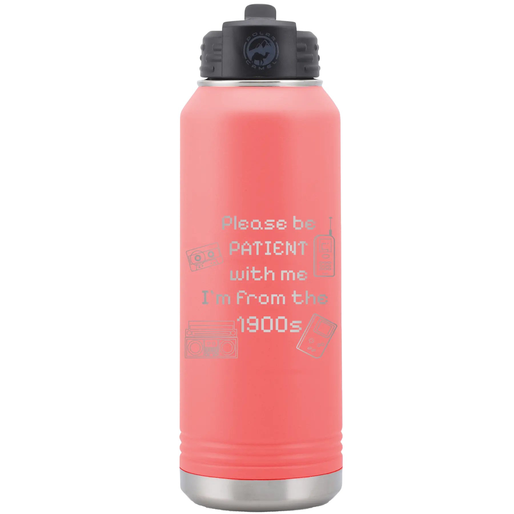 Laser etched coral 32 oz vacuum insulated water bottle with '1900s' design