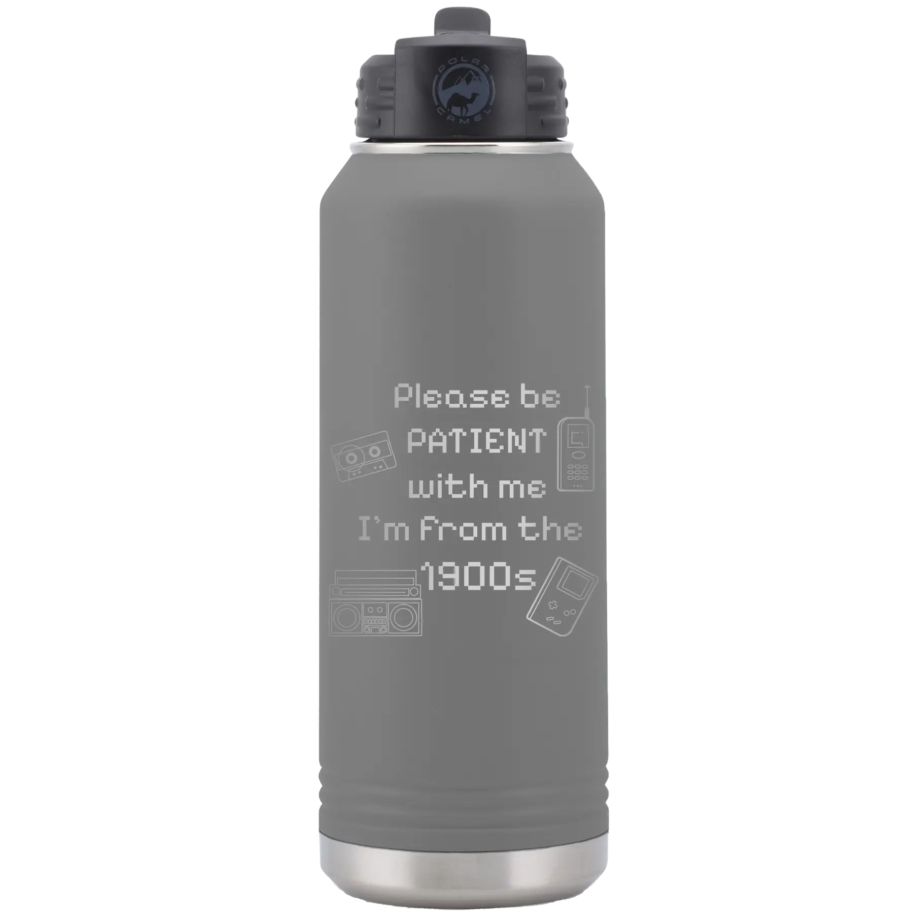 Laser etched dark gray 32 oz vacuum insulated water bottle with '1900s' design
