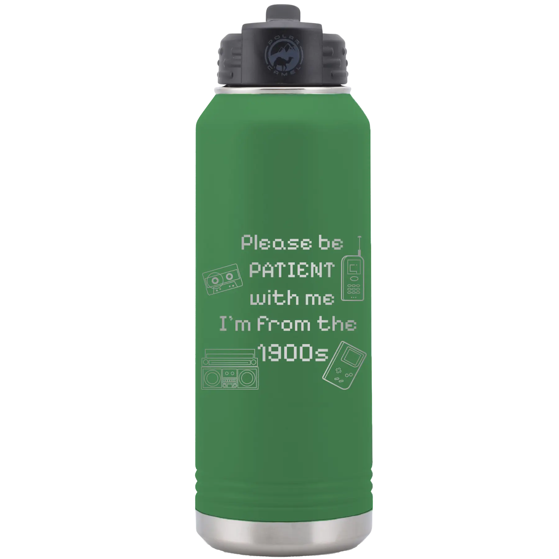 Laser etched green 32 oz vacuum insulated water bottle with '1900s' design