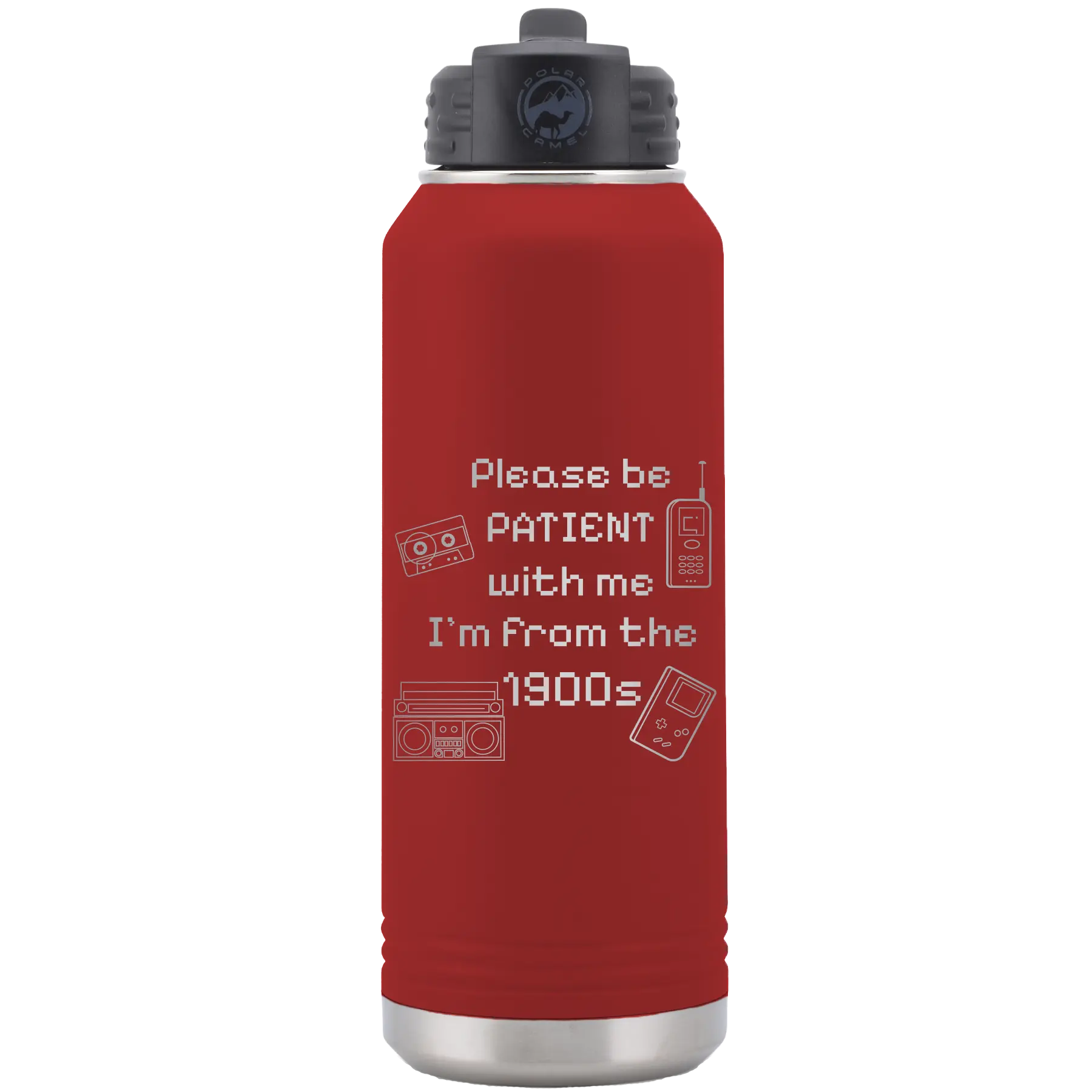 Laser etched maroon 32 oz vacuum insulated water bottle with '1900s' design