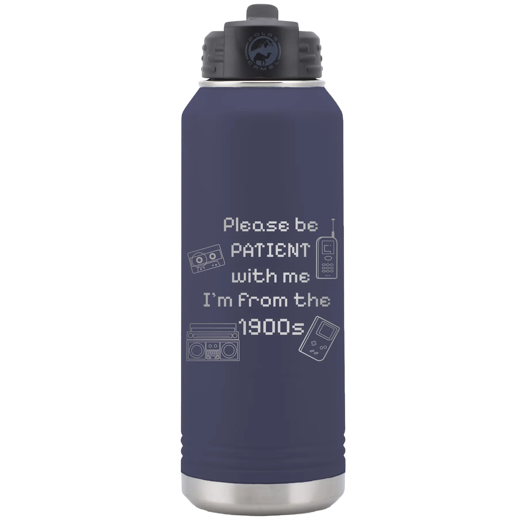 Laser etched navy 32 oz vacuum insulated water bottle with '1900s' design