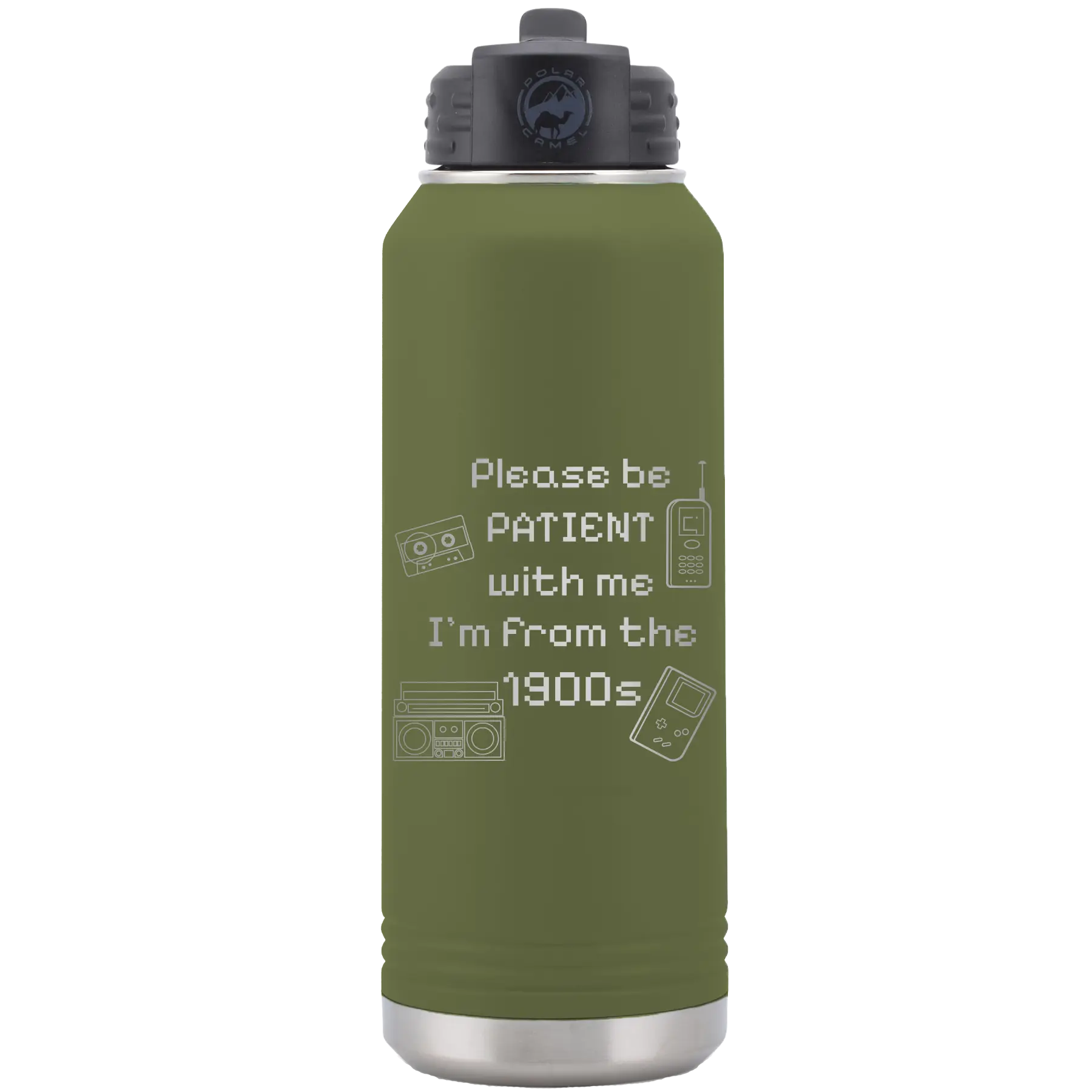 Laser etched olive green 32 oz vacuum insulated water bottle with '1900s' design