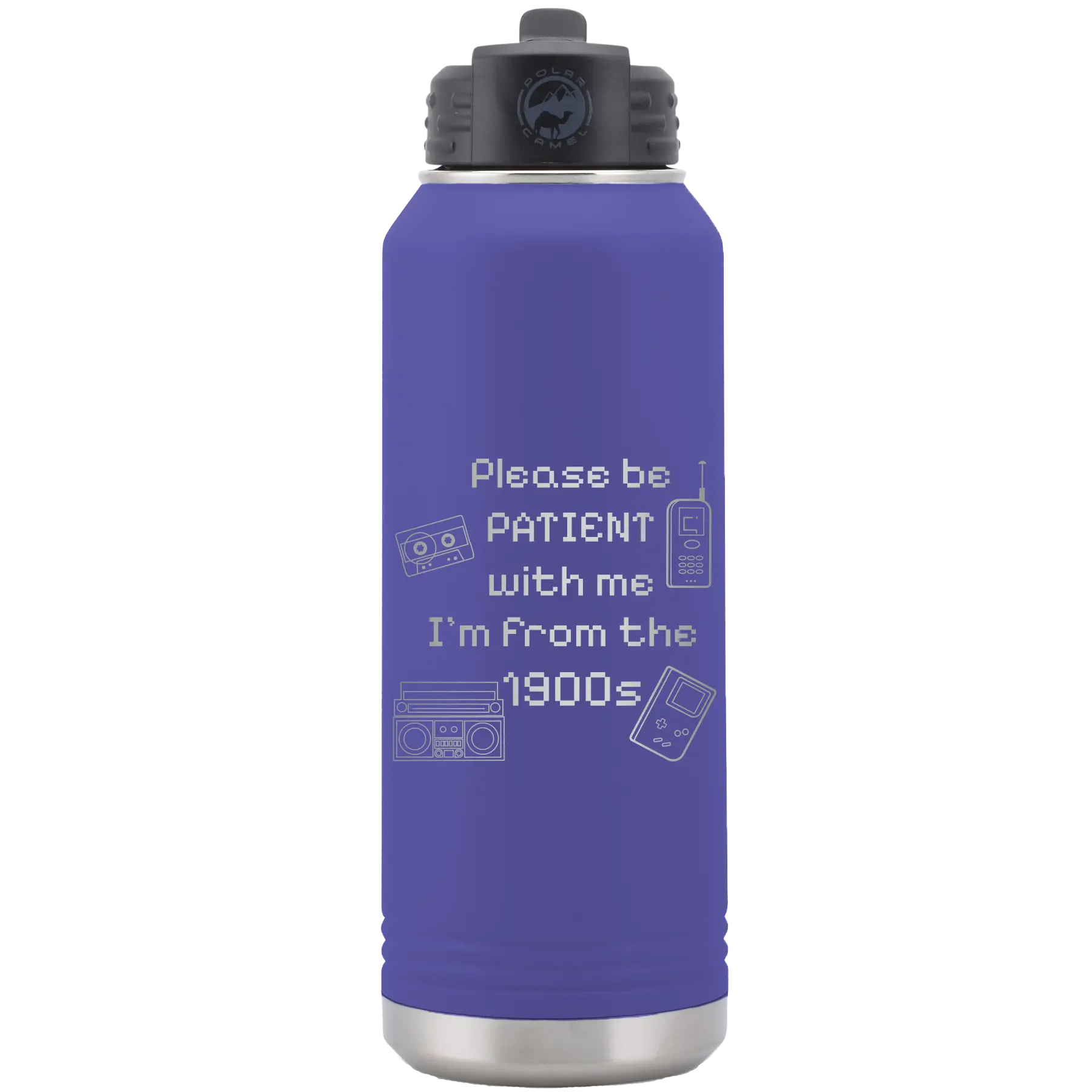 Laser etched purple 32 oz vacuum insulated water bottle with '1900s' design