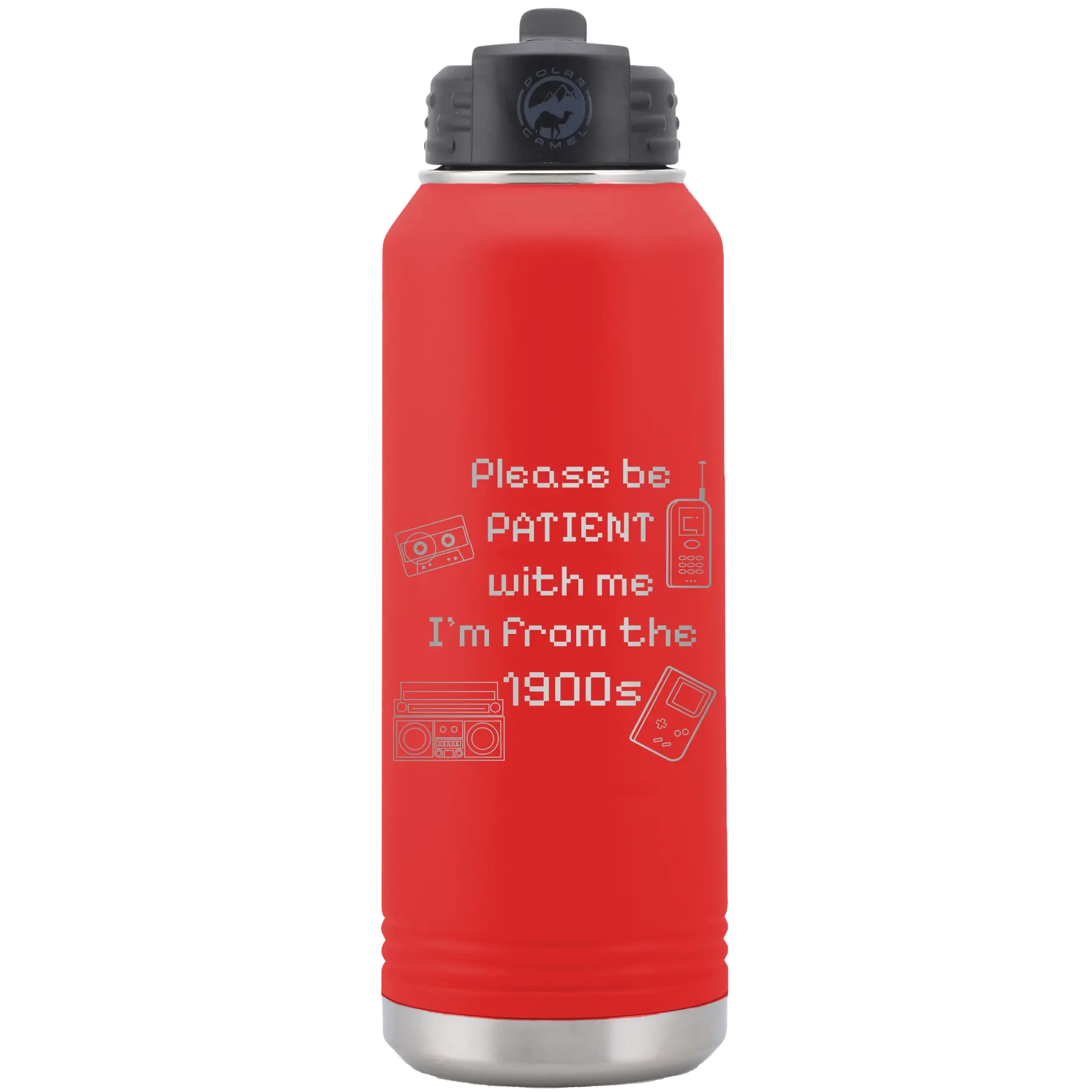 Laser etched red 32 oz vacuum insulated water bottle with '1900s' design