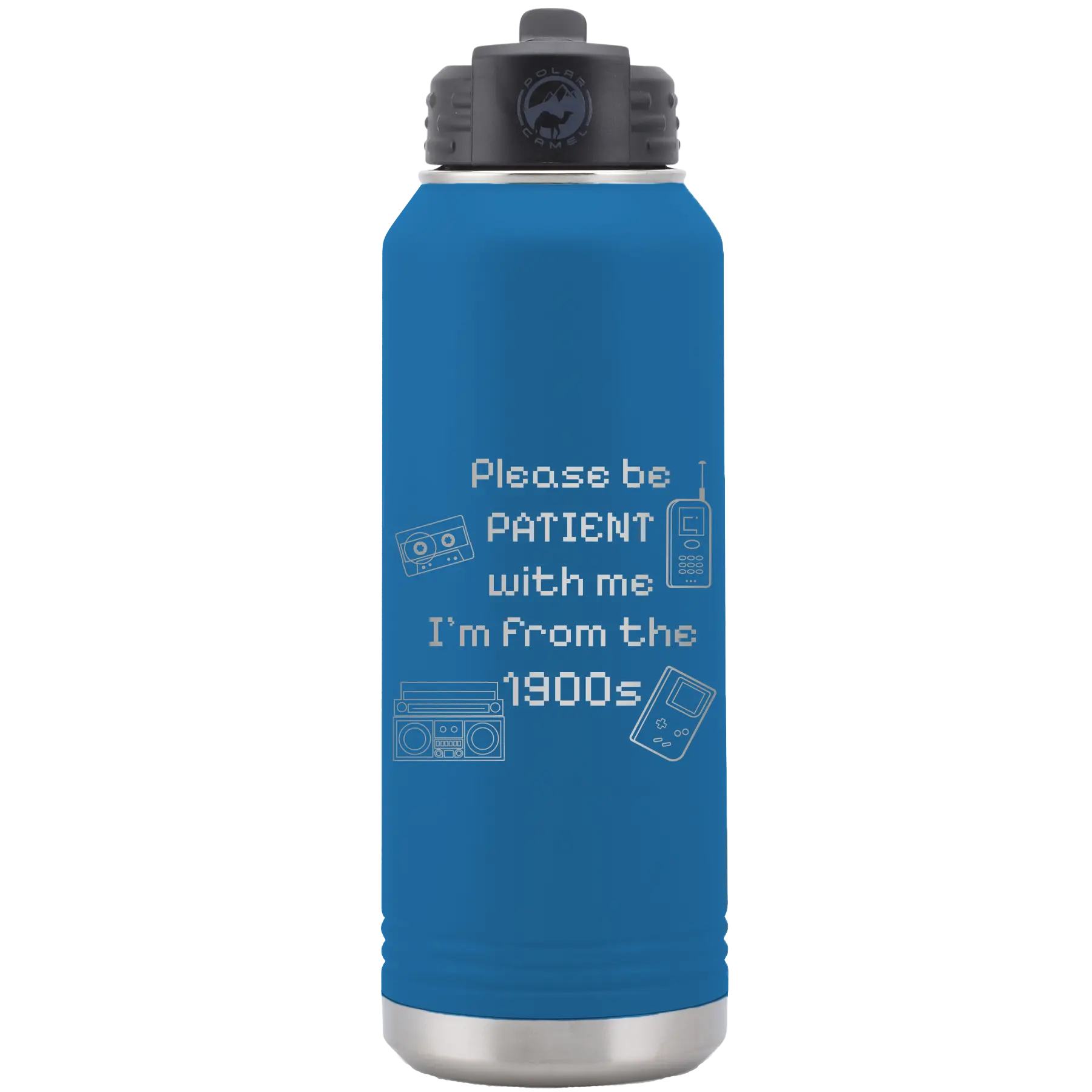 Laser etched royal blue 32 oz vacuum insulated water bottle with '1900s' design