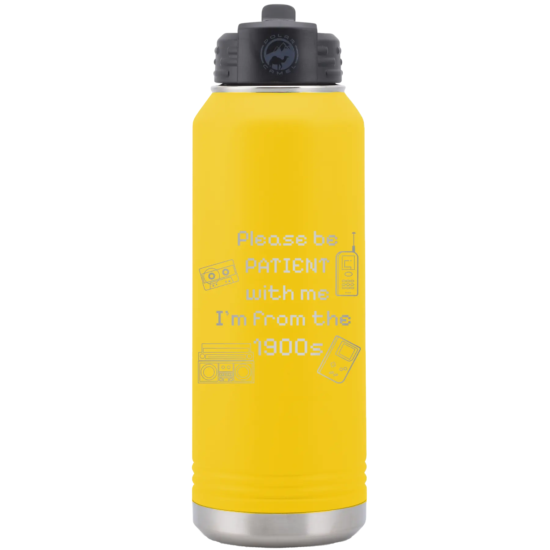 Laser etched yellow 32 oz vacuum insulated water bottle with '1900s' design