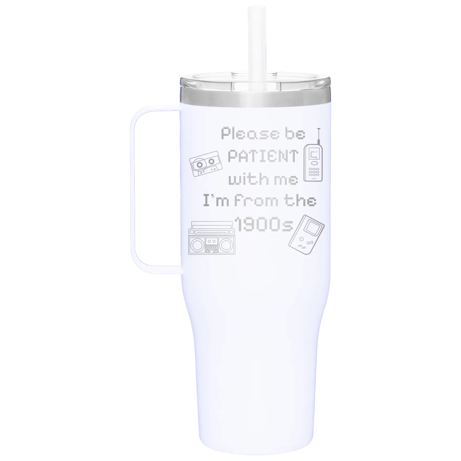 Personalized white 40 oz vacuum insulated tumbler mug with '1900s' design