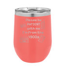 Personalized coral 12 oz vacuum insulated wine cup with etched '1900s' design