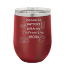Personalized maroon 12 oz vacuum insulated wine cup with etched '1900s' design