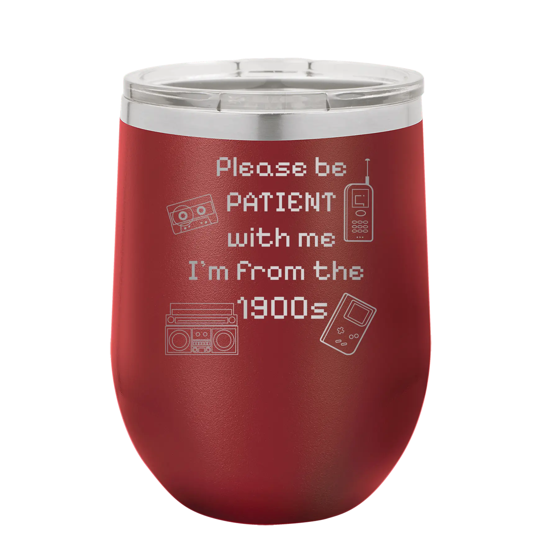 Personalized maroon 12 oz vacuum insulated wine cup with etched '1900s' design