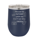 Personalized navy 12 oz vacuum insulated wine cup with etched '1900s' design