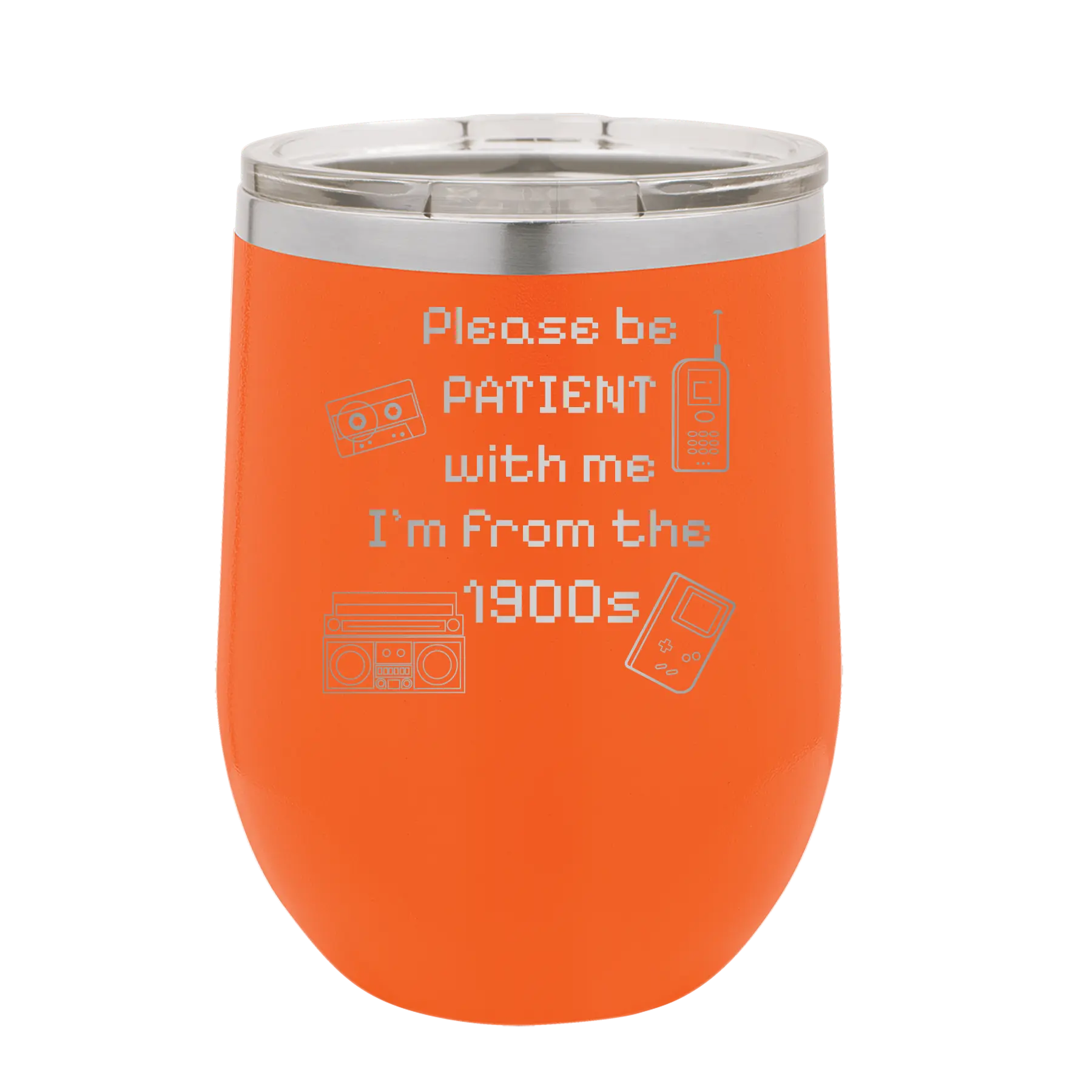 Personalized orange 12 oz vacuum insulated wine cup with etched '1900s' design
