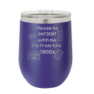 Personalized purple 12 oz vacuum insulated wine cup with etched '1900s' design
