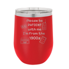 Personalized red 12 oz vacuum insulated wine cup with etched '1900s' design